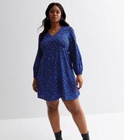New Look Curves Blue Floral Crepe V Neck Long Puff Sleeve Mini Dress